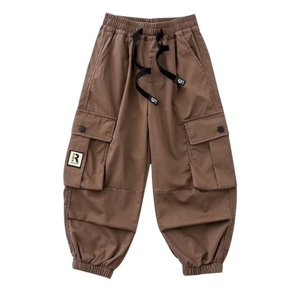 Eltusu Boys Cargo Pants, Elastic Waist Loose Fit Cotton Solid Color Jogger Pants Khaki Size 5-6 T