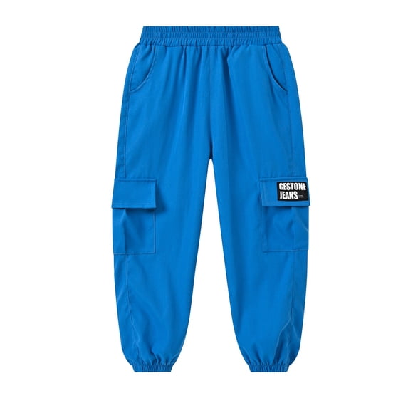 Eltusu Boys Cargo Pants, Elastic Waist Mutile-Pockets Loose Fit Solid Color Athletic Joggers Blue Size 7-8 T