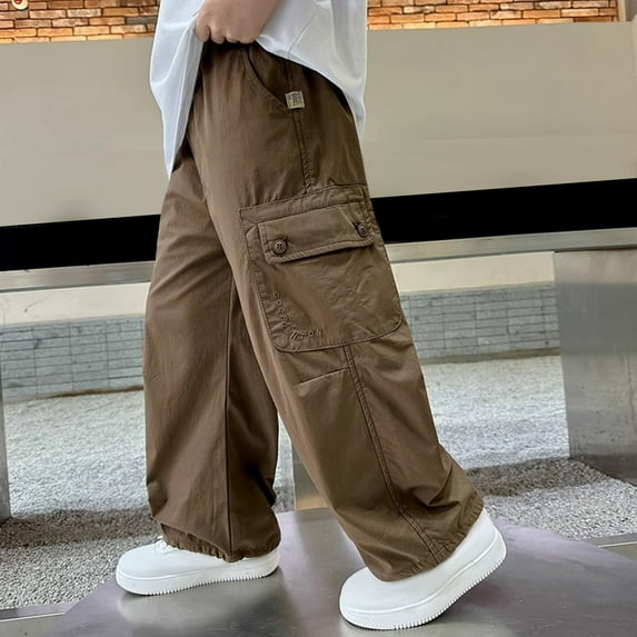 Eltusu Boys Cargo Pants, Loose Fit Cotton Solid Color Elastic Waist Wide Leg Pants Coffee Size 13-14 T