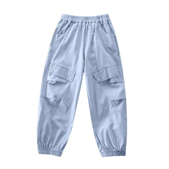 Eltusu Boys Cargo Pants, Relaxed Fit Casual Solid Color Elastic Waist Jogger Pants Blue Size 6-7 T