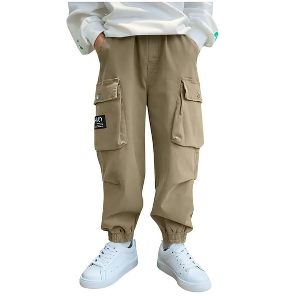 Eltusu Boys Cargo Pants, Relaxed Fit Sports Elastic Waist Multi-Pockets Jogger Pants Khaki Size 7-8 T