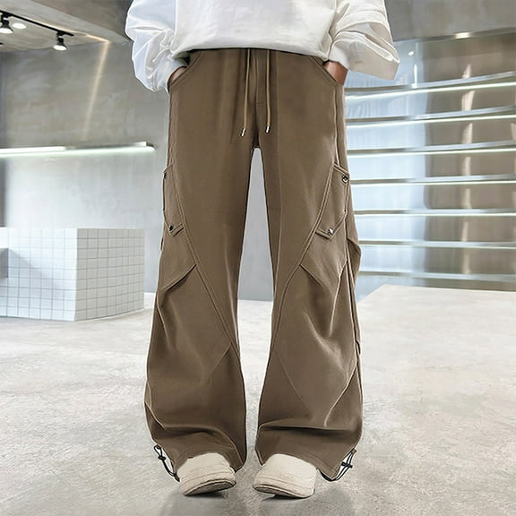 Eltusu Boys Cargo Pants, Relaxed Fit Straight Leg Sports Elastic Waist Kids Pants Brown Size 7-8 T