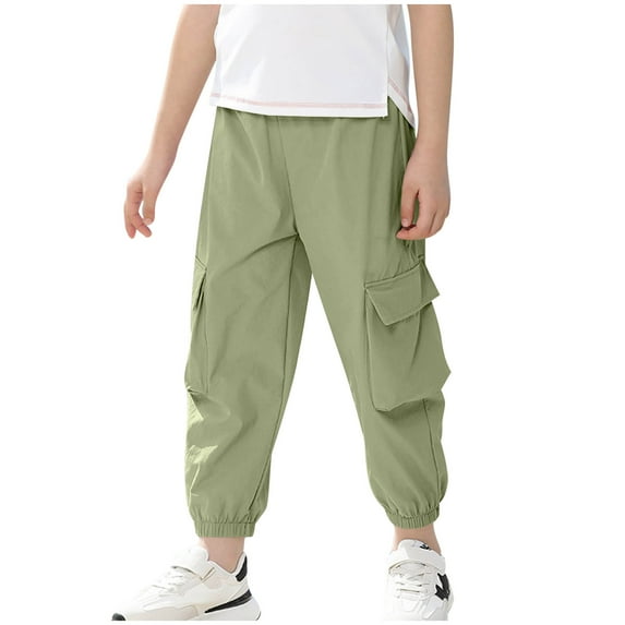 Eltusu Boys Cargo Pants, Solid Color Elastic Waist Loose Fit Casual Jogger Pants Green Size 9-10T