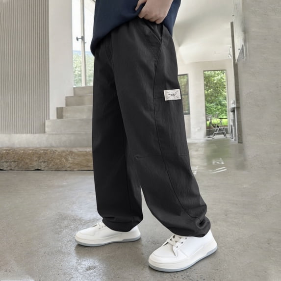 Eltusu Boys Cargo Pants, Straight Leg Elastic Waist Sports Loose Fit Kids Pants Black Size 14-15 T