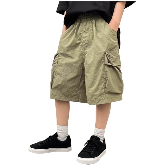 Eltusu Boys Cargo Shorts, Athletic Cotton Elastic Waist Knee Length Summer Shorts Green Size 11-12 T