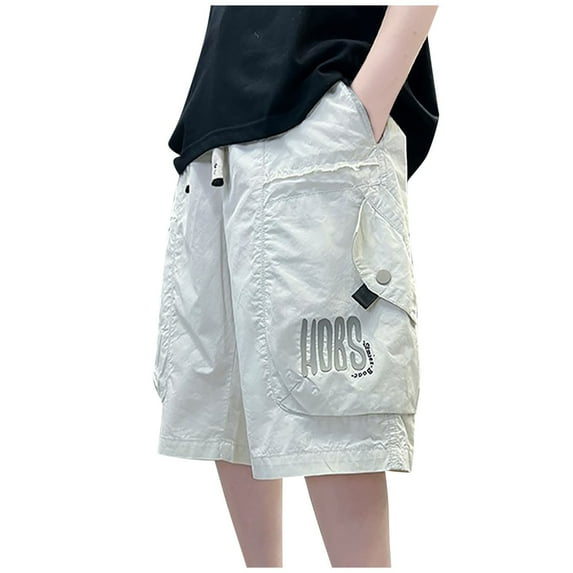 Eltusu Boys Cargo Shorts, Athletic Multi-Pockets Knee Length Elastic Waist Summer Shorts White Size 5-16 T