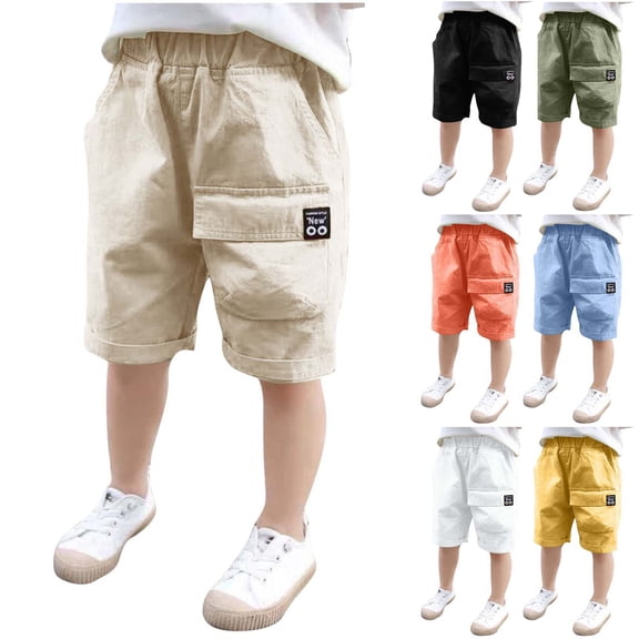 Eltusu Boys Cargo Shorts, Comfort Elastic Waistband Knee Length Cotton Summer Shorts with Pockets Khaki Size 4-13 T