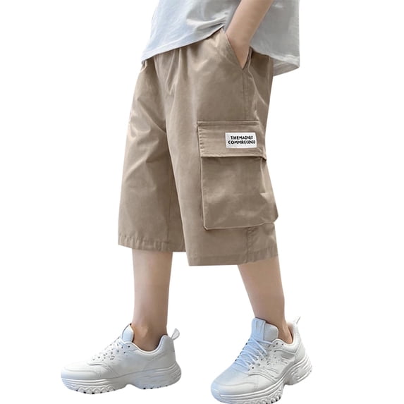 Eltusu Boys Cargo Shorts, Cotton Athletic Knee Length Elastic Waistband Summer Shorts with Pockets Khaki Size 12-13 T