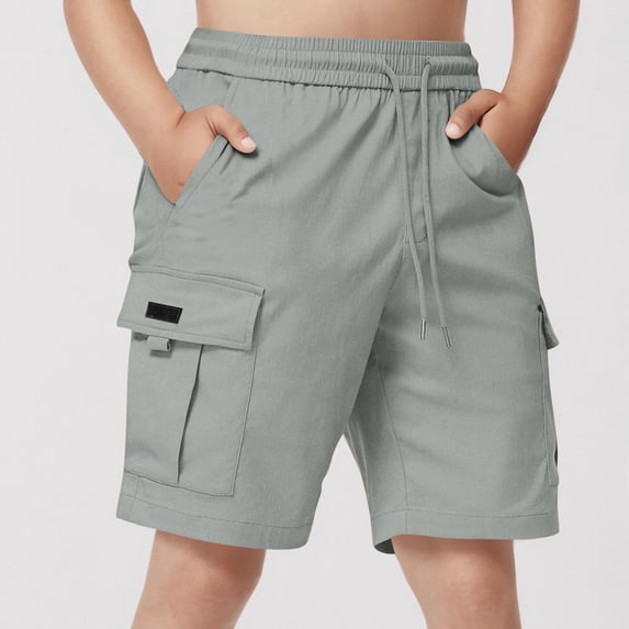 Eltusu Boys Cargo Shorts, Drawstring Multi-Pockets Knee Length Casual Athletic Shorts Gray Size 5-6 T
