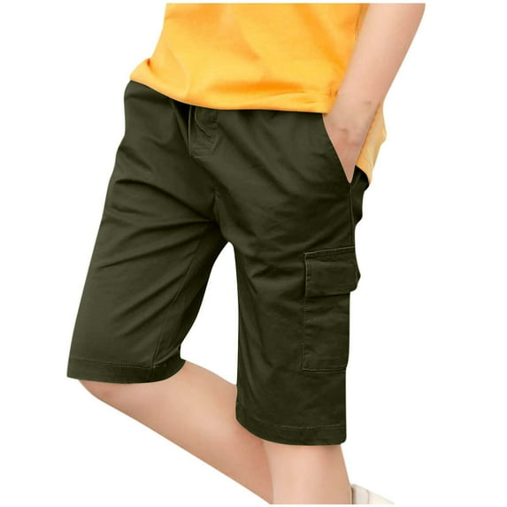 Eltusu Boys Cargo Shorts, Elastic Waist Knee Length Solid Color Cotton Summer Shorts with Pockets Army Green Size 5-6 T