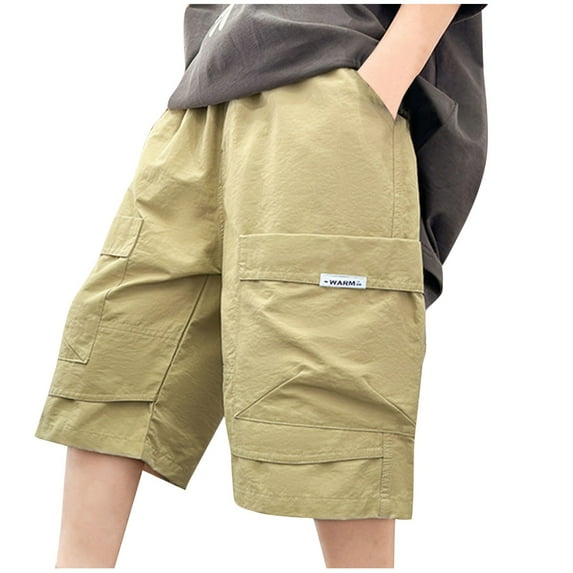 Eltusu Boys Cargo Shorts, Elastic Waist Sports Multi-Pockets Knee Length Summer Shorts Khaki Size 9-10 T