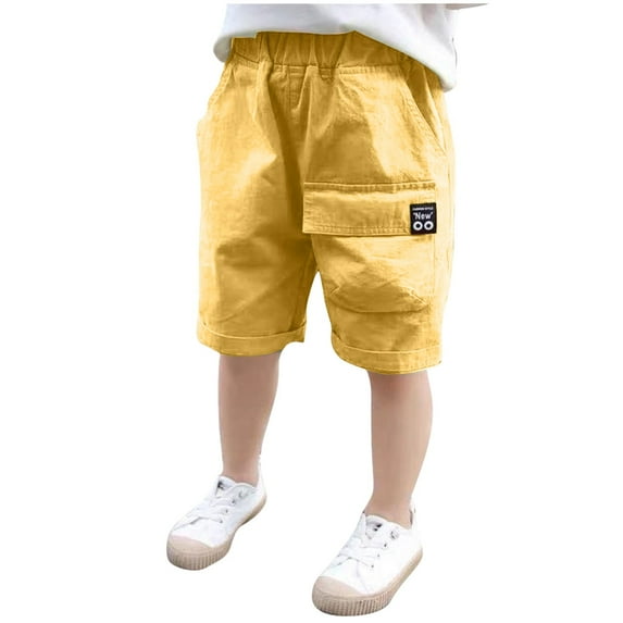 Eltusu Boys Cargo Shorts, Elastic Waistband Cotton Comfort Knee Length Summer Shorts with Pockets Yellow Size 10-11 T