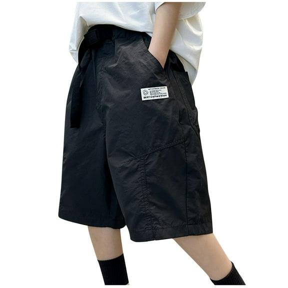 Eltusu Boys Cargo Shorts, Elastic Waistband Multi-Pockets Knee Length Sports Summer Shorts Black Size 15-16 T