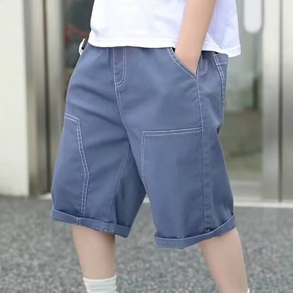 Eltusu Boys Cargo Shorts, Loose Fit Summer Knee Length Elastic Waist Shorts with Pockets Blue Size 10-11T