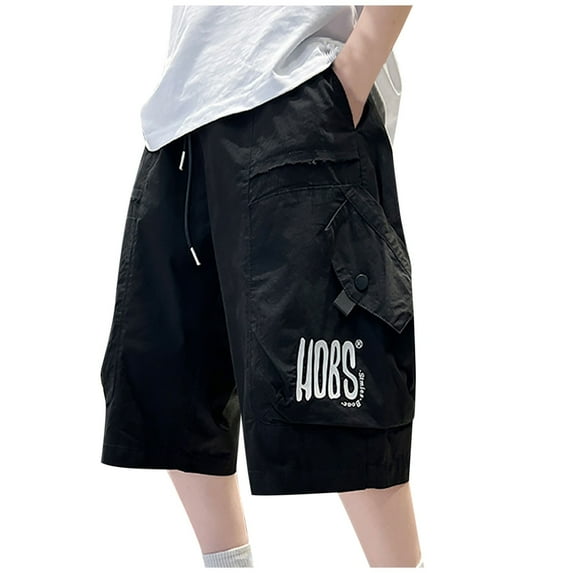 Eltusu Boys Cargo Shorts, Multi-Pockets Athletic Knee Length Elastic Waist Summer Shorts Black Size 11-12 T