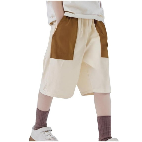 Eltusu Boys Cargo Shorts, Multi-Pockets Knee Length Elastic Waistband Casual Summer Shorts Beige Size 7-8 T