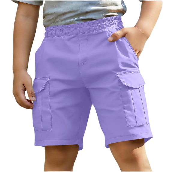 Eltusu Boys Cargo Shorts, Relaxed Fit Knee Length Multi Pockets Elastic Waistband Summer Kids Shorts Purple Size 7-8 T