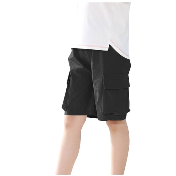 Eltusu Boys Cargo Shorts, Summer Knee Length Solid Color Elastic Waist Shorts with Pockets Black Size 3-14 T