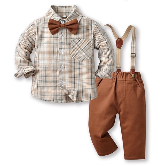 Eltusu Boys Cotton Outfit Sets, 2 Pieces Striped Long Sleeve School Uniform Set Coffee Size 7-8 T
