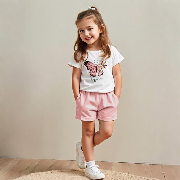 Eltusu Boys Cotton Outfit Sets, Graphic Crew Neck Short Sleeve T-Shirts and Shorts Sets Pink Size 4 T