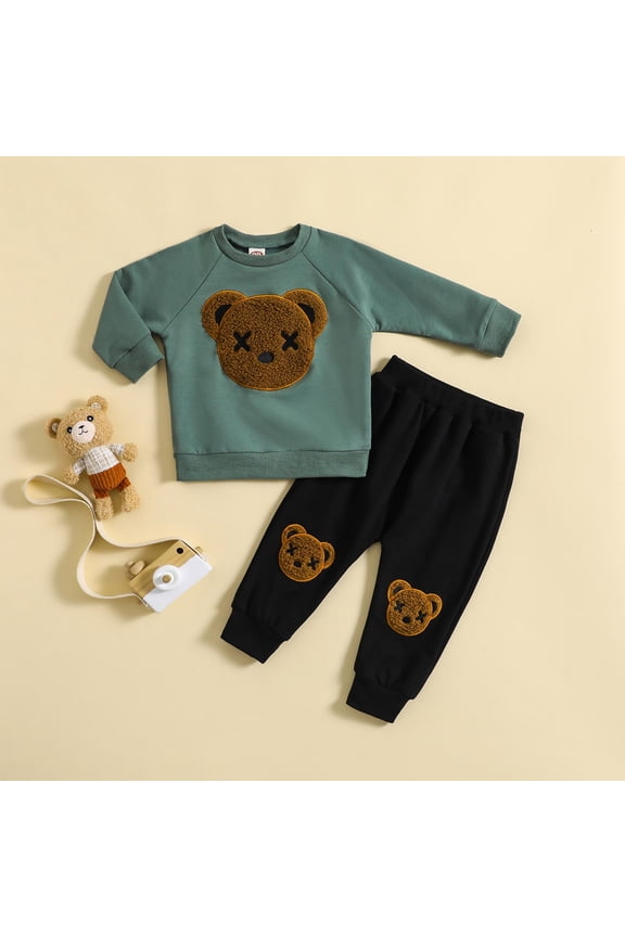 Boys Cotton Outfit Sets, Two Pieces Graphic Long Sleeve Tops and Pants Set Green Size 6 T