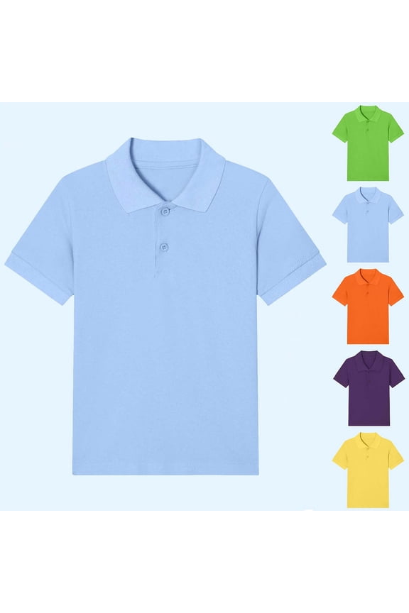 Boys Cotton Polo Shirts, Pullover Breathable Short Sleeve Lapel Collar School Uniform Shirts Light Blue Size 6 T
