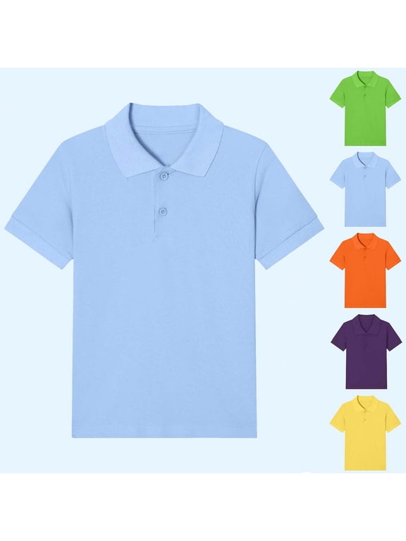 Boys Cotton Polo Shirts, Pullover Breathable Short Sleeve Lapel Collar School Uniform Shirts Light Blue Size 6 T