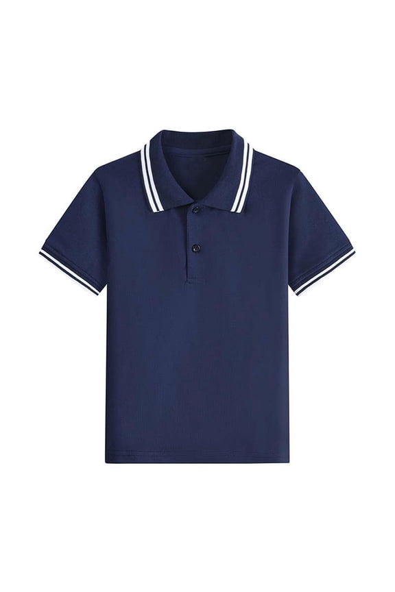 Boys Cotton Polo Shirts, Pullover Comfort Lapel Collar Short Sleeve School Uniform Shirts Navy Size 3-15 T