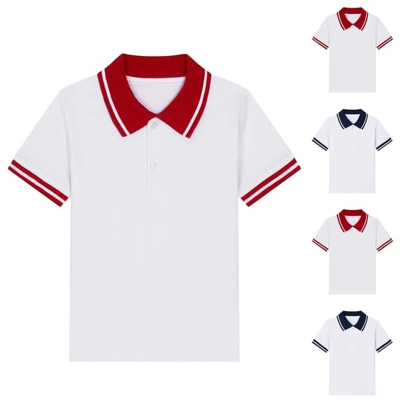 Eltusu Boys Cotton Polo Shirts, Pullover Lapel Collar Summer Short Sleeve School Uniform Shirts Red Size 3-15 T