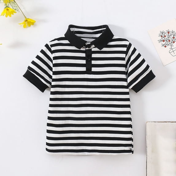Eltusu Boys Cotton Polo Shirts, Pullover Summer Short Sleeve Striped Collar Shirts Black Size 5-6 T