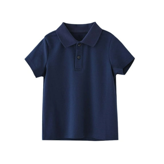 Eltusu Boys Cotton Polo Shirts, Short Sleeve Pullover Lapel Collar Solid Color School Uniform Shirts Navy Size 8-9 T