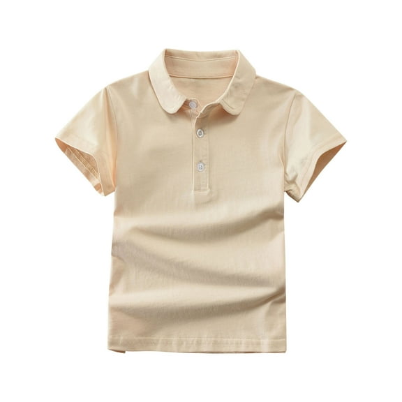 Eltusu Boys Cotton Polo Shirts, Soft Short Sleeve Lapel Collar Pullover School Uniform Shirts Beige Size 5-6T