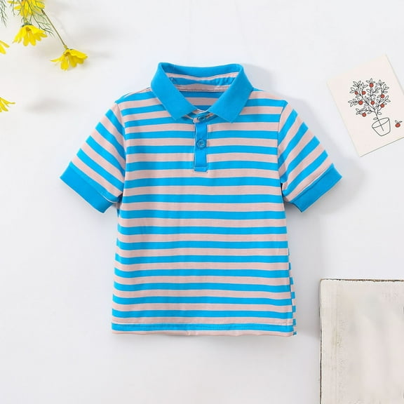 Eltusu Boys Cotton Polo Shirts, Striped Pullover Summer Short Sleeve Collar Shirts Blue Size 4-5 T