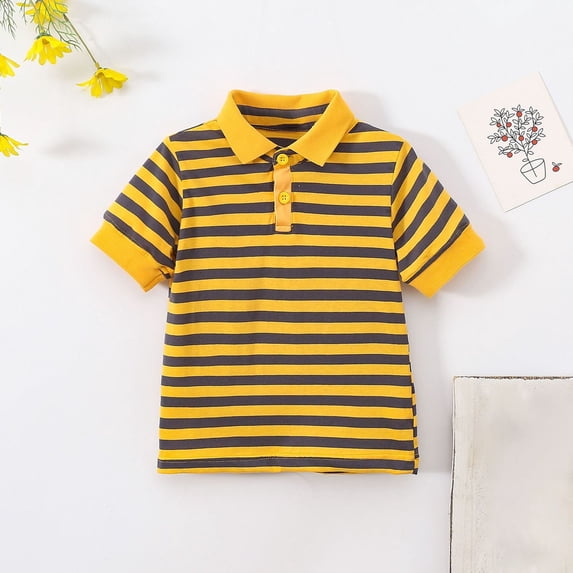 Eltusu Boys Cotton Polo Shirts, Summer Striped Short Sleeve Pullover Collar Shirts Yellow Size 6-7 T