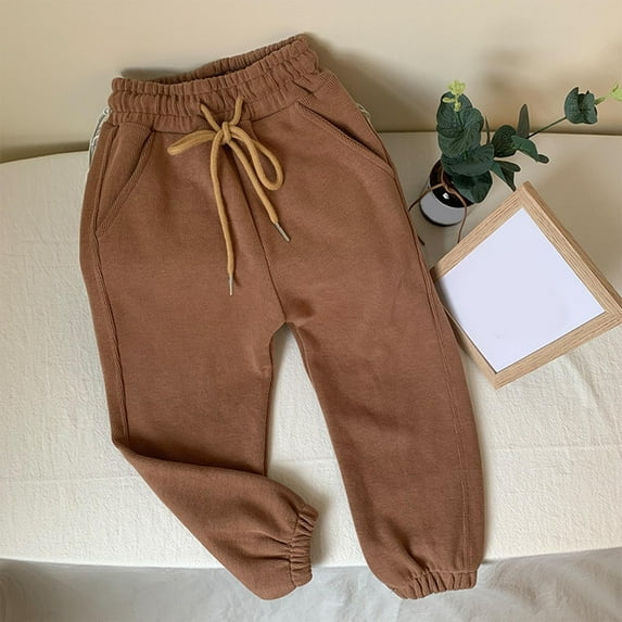 Eltusu Boys Cotton Sweatpants, Solid Color Elastic Waist Running Elastic Bottom Jogger Pants Coffee Size 8-9 T