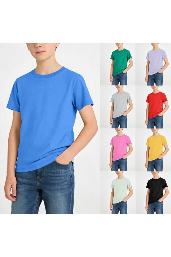 Boys Cotton T-Shirts, Pullover Summer Solid Color Crewneck Tee with Short Sleeve Blue Size 1-15 T