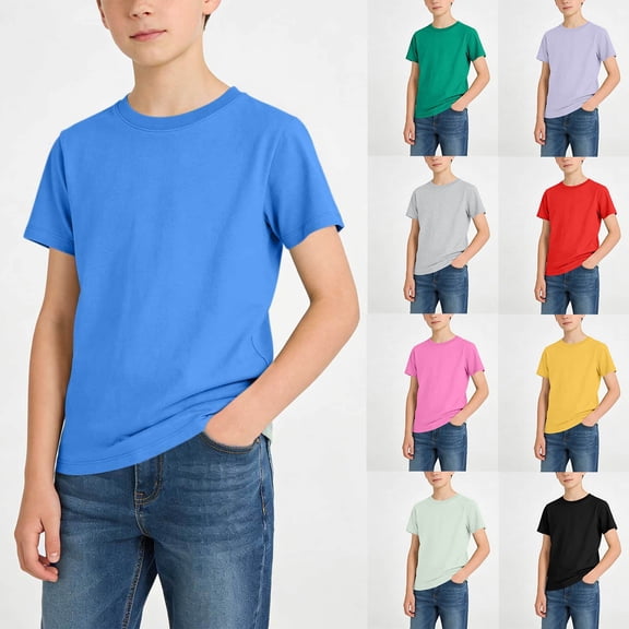 Eltusu Boys Cotton T-Shirts, Pullover Summer Solid Color Crewneck Tee with Short Sleeve Blue Size 1-15 T