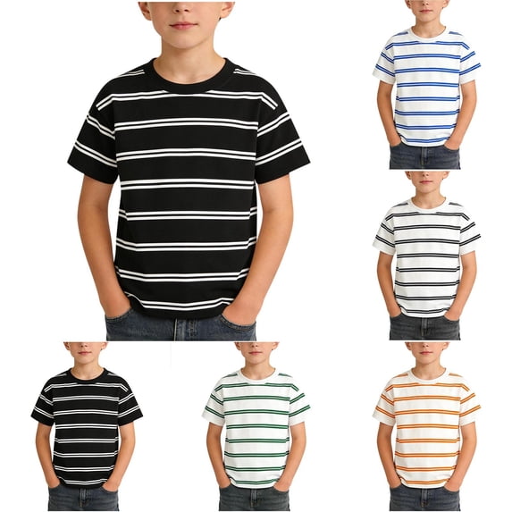 Eltusu Boys Cotton T-Shirts, Soft Crewneck Short SLeeve Striped Summer Tops Black Size 10 T
