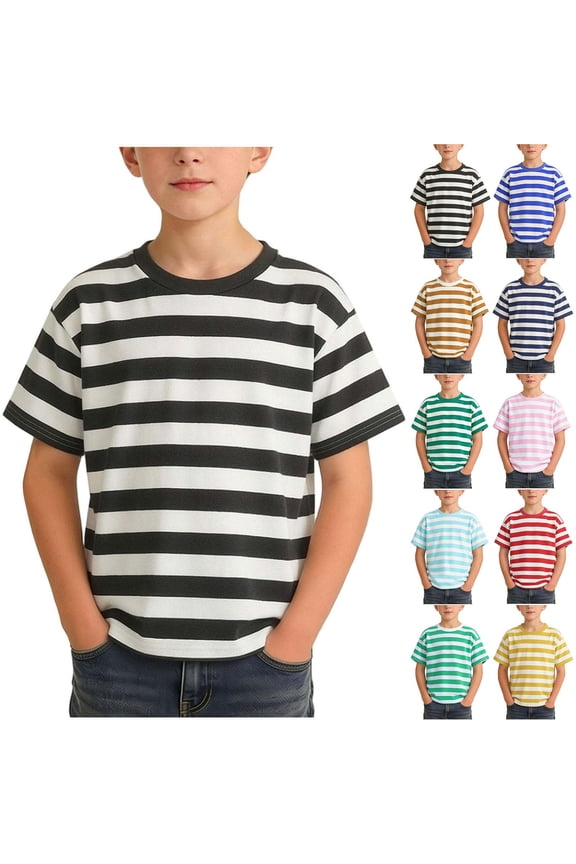 Boys Cotton T-Shirts, Striped Casual Crew Neck Short SLeeve Summer Tops Black Size 8 T