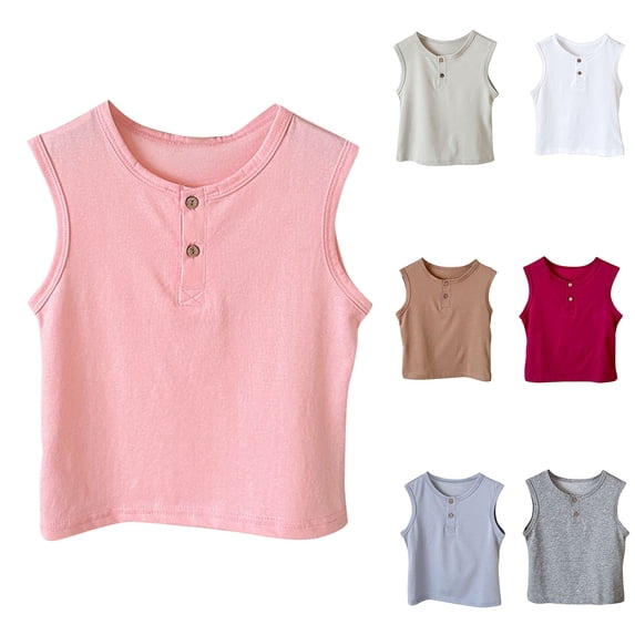 Eltusu Boys Cotton Tank Tops, Crew Neck Button Soft Sleeveless Summer Tops Pink Size 6 T