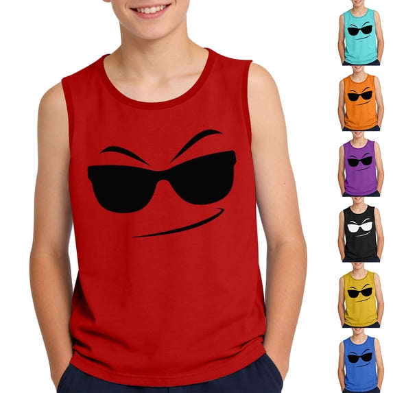 Eltusu Boys Cotton Tank Tops, Relaxed Fit Sleeveless Cool Crewneck Workout Tops Red Size 10-12 T