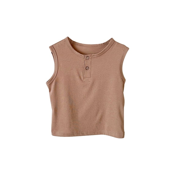 Eltusu Boys Cotton Tank Tops, Soft Crew Neck Sleeveless Button Summer Tops Coffee Size 12-24 Months