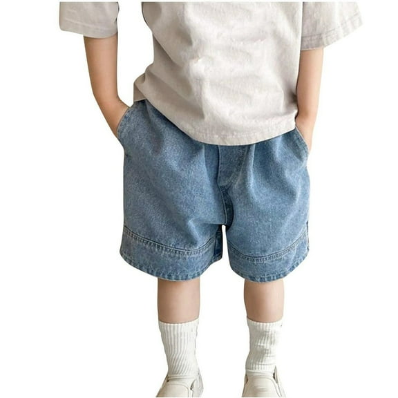 Eltusu Boys Denim Shorts, Knee Length Summer Elastic Waist Solid Color Jean Shorts Blue Size 3-4 T