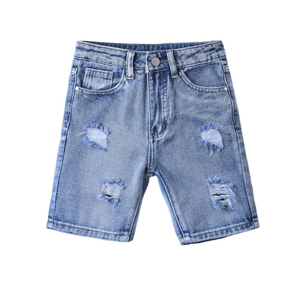 Eltusu Boys Denim Shorts, Summer Elastic Waist Casual Ripped Jean Shorts Dark Blue Size 12-13T