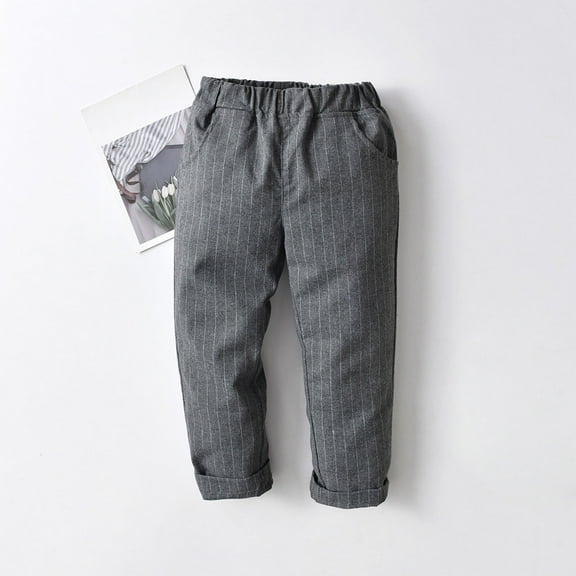 Eltusu Boys Dress Pants, Elastic Waist Straight Leg Relaxed Fit Striped School Uniform Pants Dark Gray Size 6 T