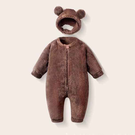 Eltusu Boys Fleece Bodysuit, Long Sleeve Thermal Solid Color Hooded Winter Romper Brown Size 3-6 Months