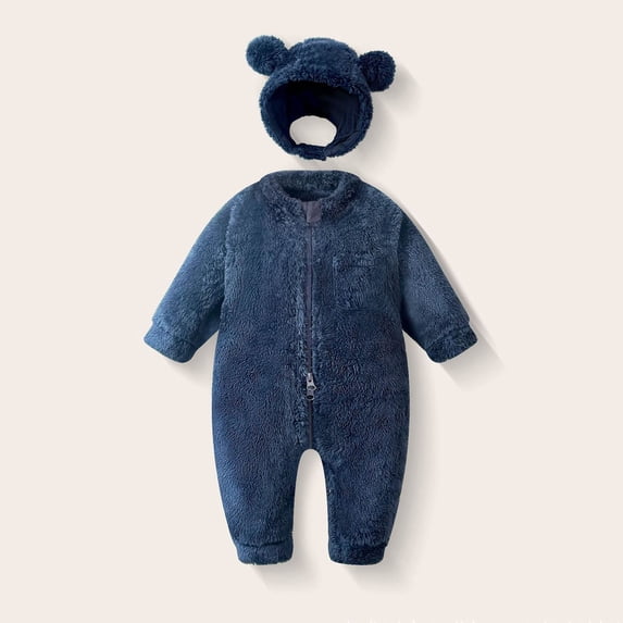 Eltusu Boys Fleece Bodysuit, Thermal Long Sleeve Hooded Solid Color Winter Romper Navy Size 3-6 Months