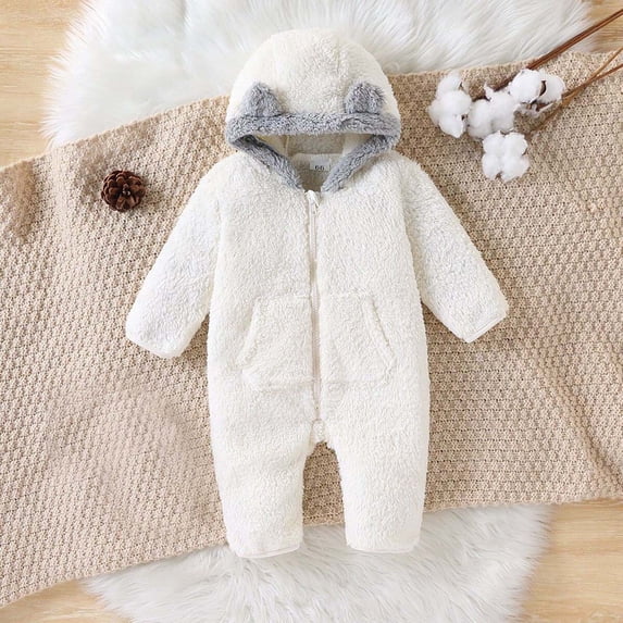 Eltusu Boys Fleece Bodysuit, Windproof Hooded Thermal Long Sleeve Winter Romper White Size 6-9 Months