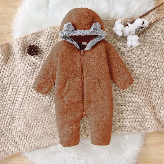 Eltusu Boys Fleece Bodysuit, Windproof Long Sleeve Thermal Hooded Winter Romper Brown Size 6-9 Months