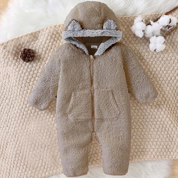 Eltusu Boys Fleece Bodysuit, Windproof Thermal Hooded Long Sleeve Winter Romper Gray Size 12-18 Months